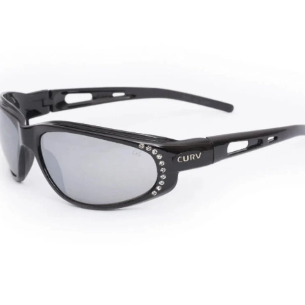 Women's Rhinestone Glossy Black Flash Mirror Smoke Sunglass
